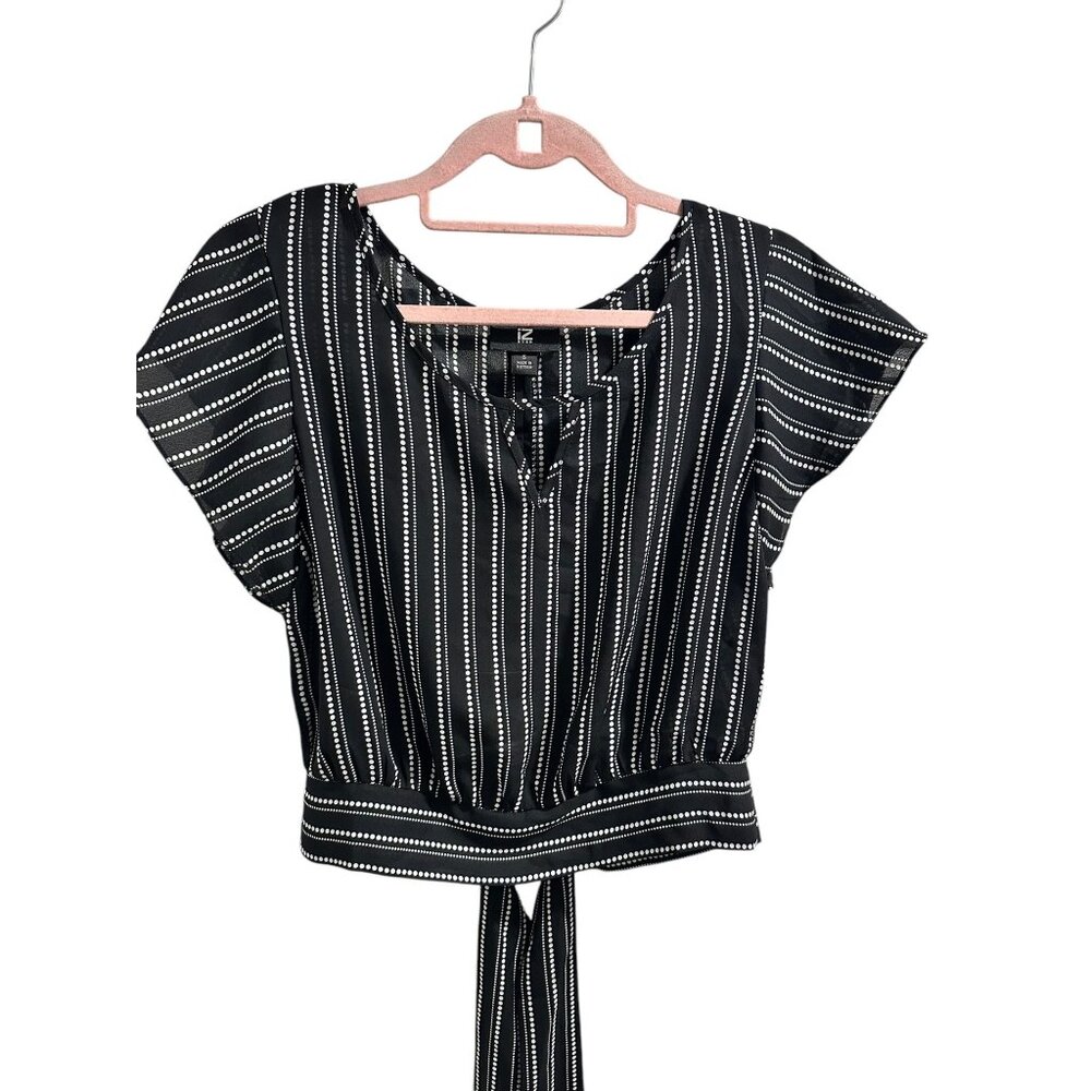 👗 2/$30 👗  Black & White Striped Short Sleeve Blouse With Tie Waist Size S 1
